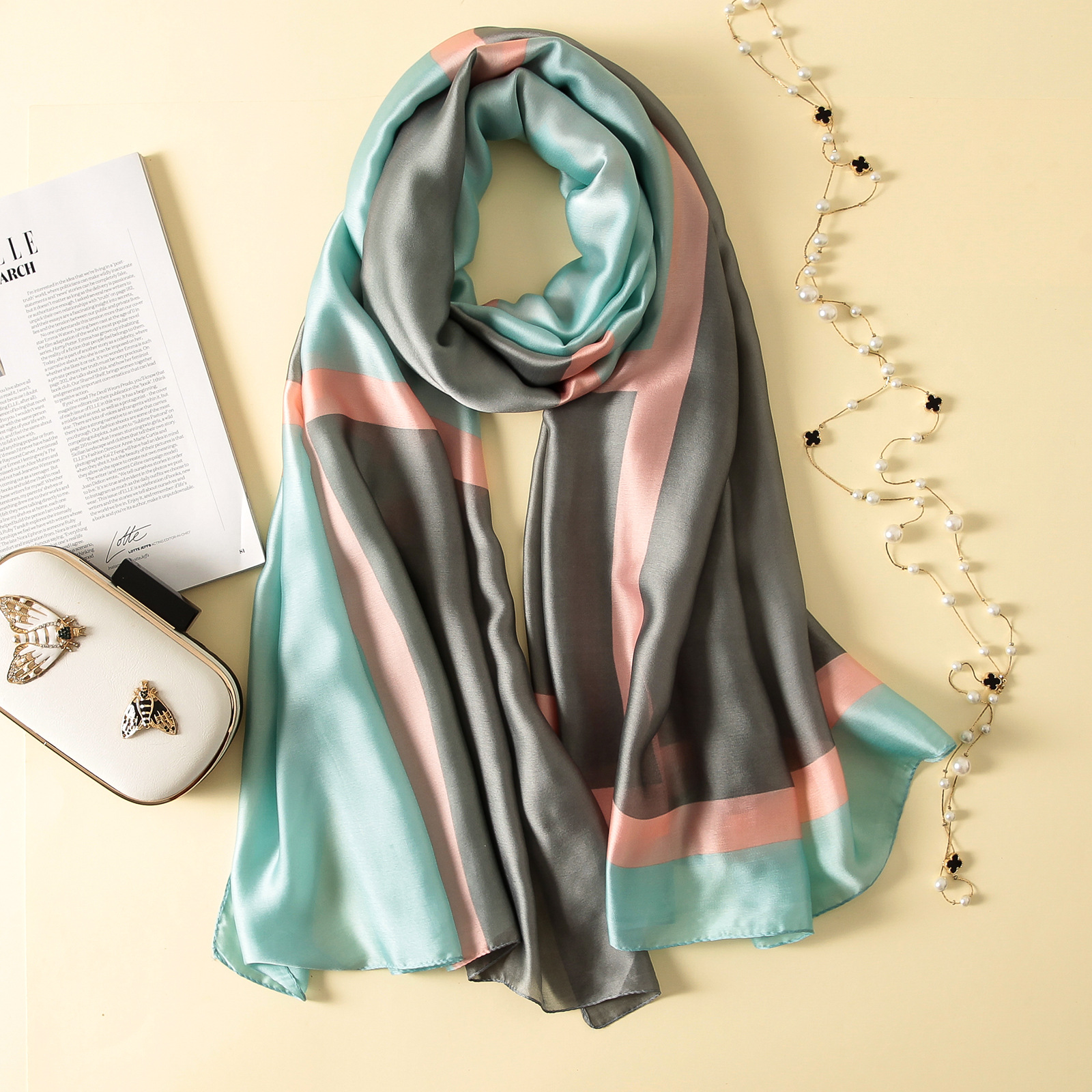 Spring, Summer and Autumn New Korean Style Floral Elegant High-End Imitated Silk Scarves Female Ornament Shawl Sunscreen Beach Towel Spring, Summer and Autumn New Korean Style Floral Elegant High-End Imitated Silk Scarves Female Ornament Shawl Sunscreen Beach Towel