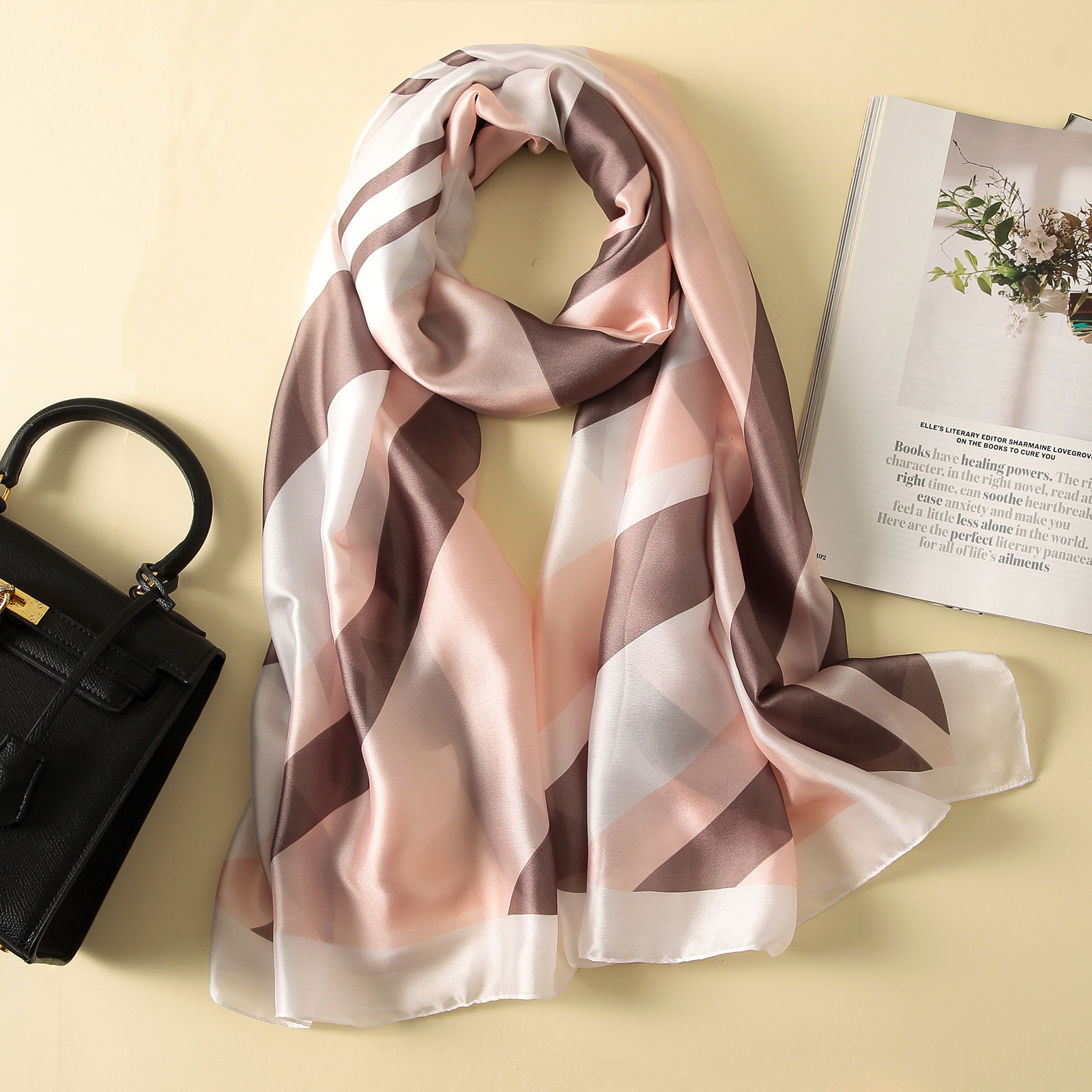 Spring, Summer and Autumn New Korean Style Floral Elegant High-End Imitated Silk Scarves Female Ornament Shawl Sunscreen Beach Towel Spring, Summer and Autumn New Korean Style Floral Elegant High-End Imitated Silk Scarves Female Ornament Shawl Sunscreen Beach Towel