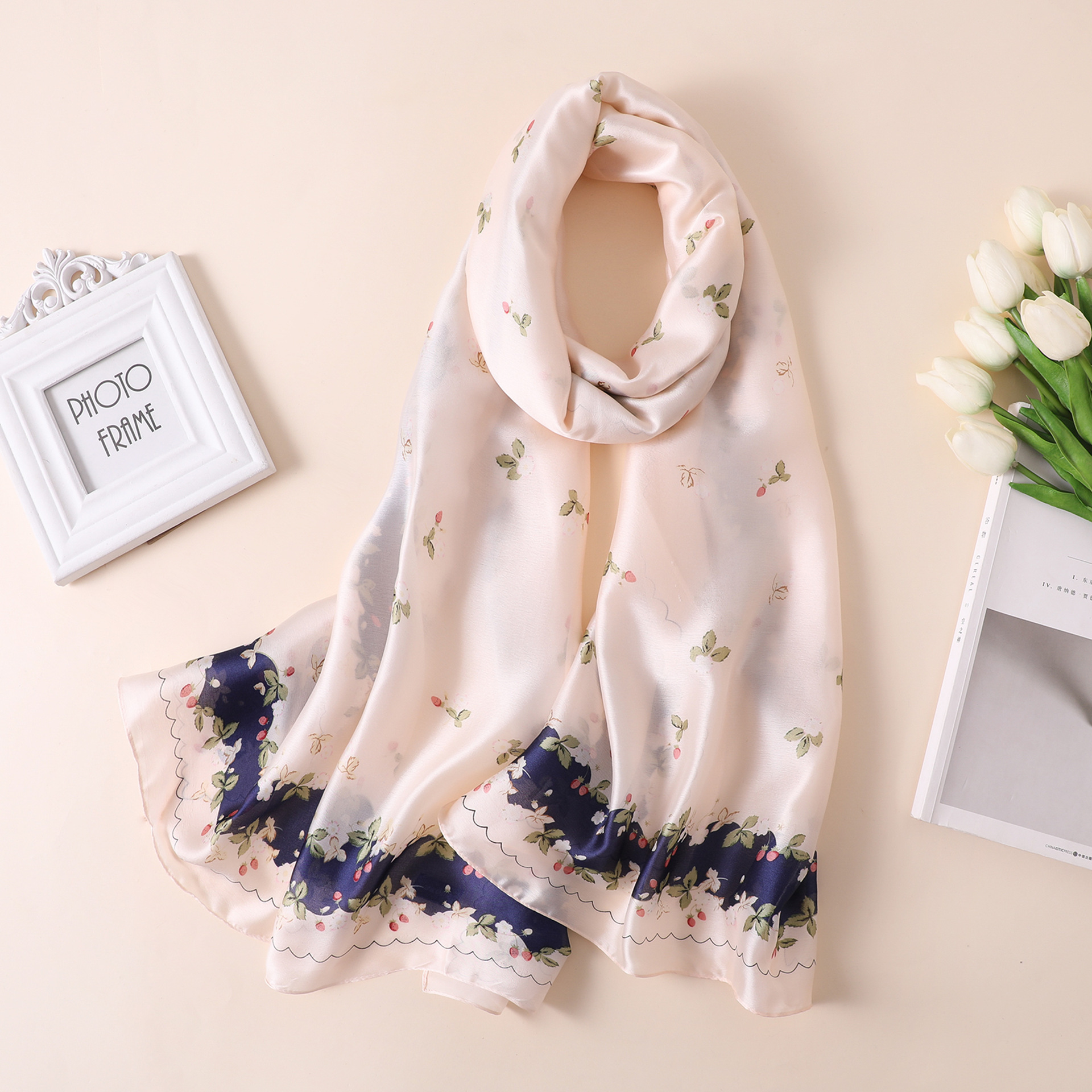 Spring, Summer and Autumn New Korean Style Floral Elegant High-End Imitated Silk Scarves Female Ornament Shawl Sunscreen Beach Towel Spring, Summer and Autumn New Korean Style Floral Elegant High-End Imitated Silk Scarves Female Ornament Shawl Sunscreen Beach Towel
