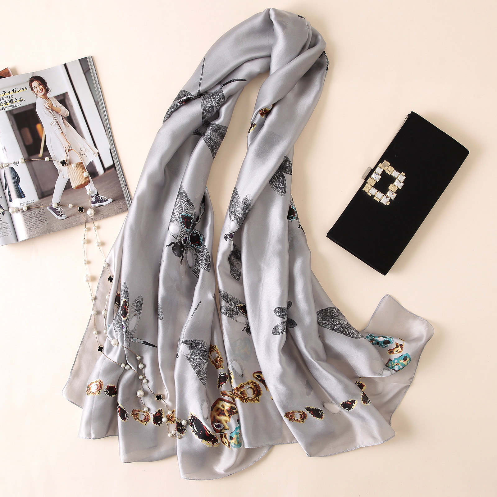 Spring, Summer and Autumn New Korean Style Floral Elegant High-End Imitated Silk Scarves Female Ornament Shawl Sunscreen Beach Towel Spring, Summer and Autumn New Korean Style Floral Elegant High-End Imitated Silk Scarves Female Ornament Shawl Sunscreen Beach Towel
