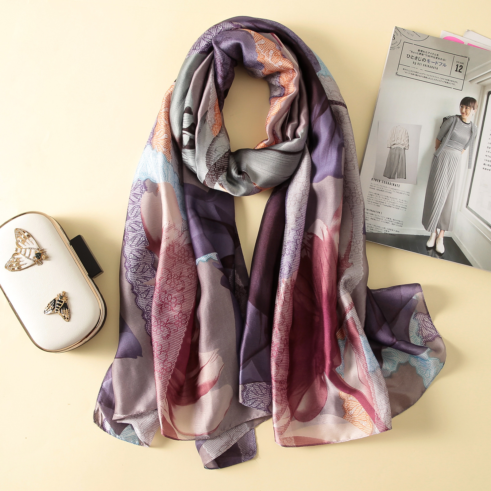 Spring, Summer and Autumn New Korean Style Floral Elegant High-End Imitated Silk Scarves Female Ornament Shawl Sunscreen Beach Towel Spring, Summer and Autumn New Korean Style Floral Elegant High-End Imitated Silk Scarves Female Ornament Shawl Sunscreen Beach Towel