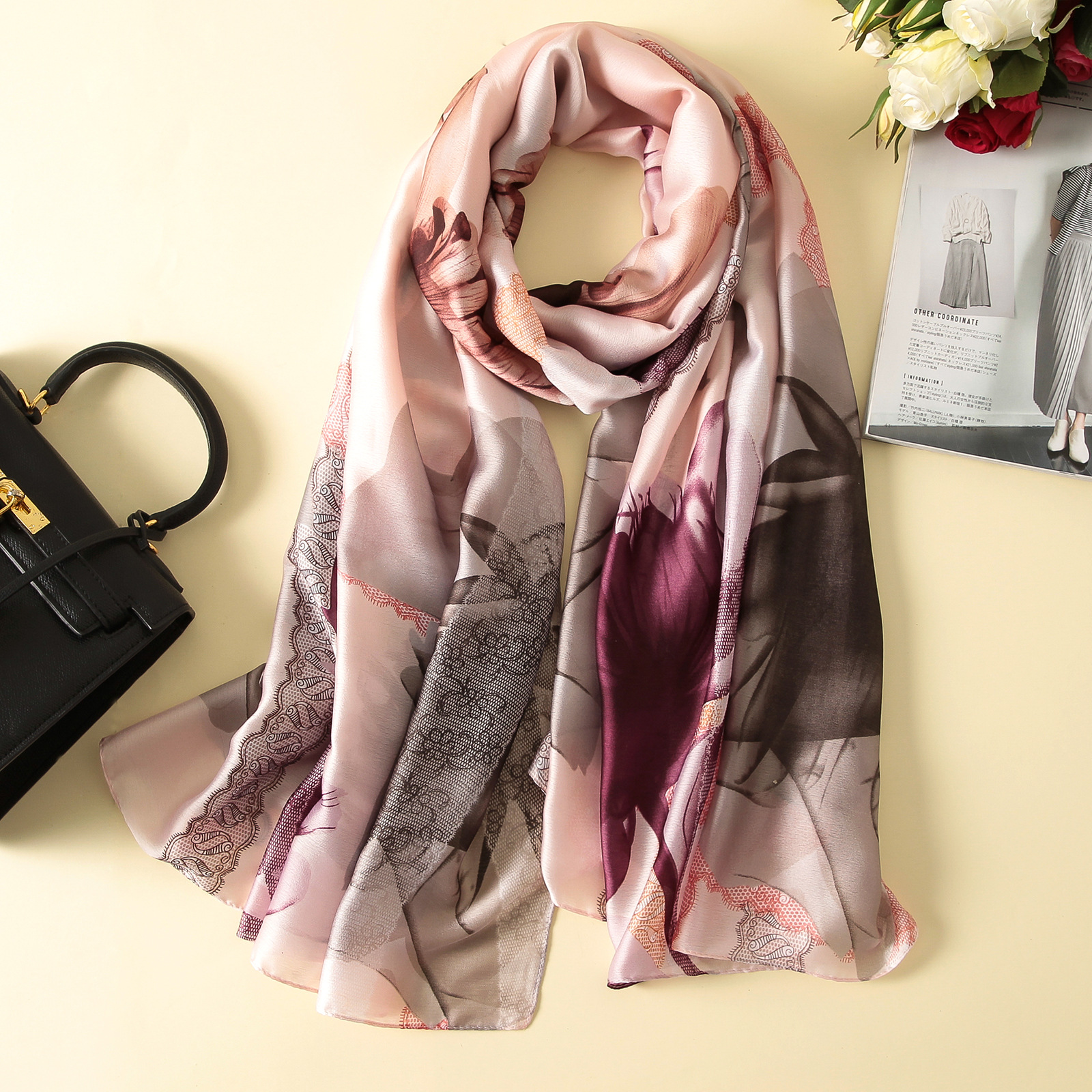 Spring, Summer and Autumn New Korean Style Floral Elegant High-End Imitated Silk Scarves Female Ornament Shawl Sunscreen Beach Towel Spring, Summer and Autumn New Korean Style Floral Elegant High-End Imitated Silk Scarves Female Ornament Shawl Sunscreen Beach Towel