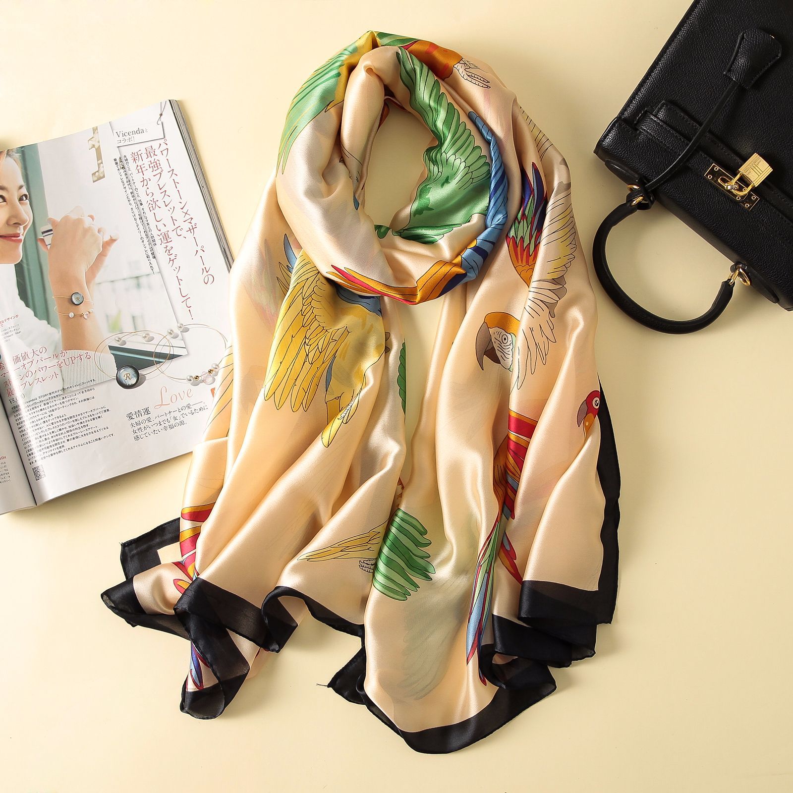 Spring, Summer and Autumn New Korean Style Floral Elegant High-End Imitated Silk Scarves Female Ornament Shawl Sunscreen Beach Towel Spring, Summer and Autumn New Korean Style Floral Elegant High-End Imitated Silk Scarves Female Ornament Shawl Sunscreen Beach Towel