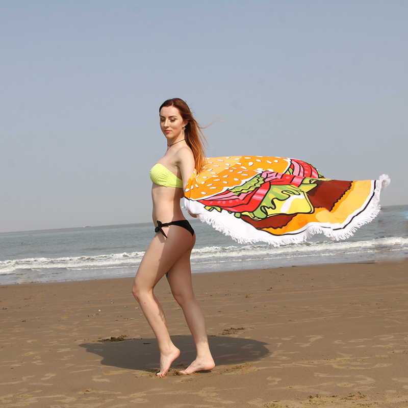 Hamburger Printing Design Round Beach Towel Microfiber Blanket Shawl OEM Supplier for Wholesale