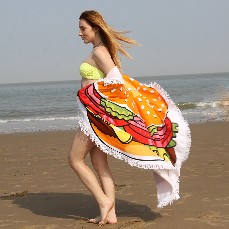 Hamburger Printing Design Round Beach Towel Microfiber Blanket Shawl OEM Supplier for Wholesale