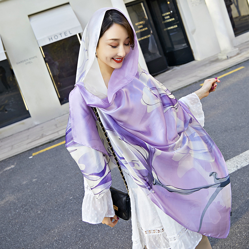 2019 new spring and autumn silk scarf long style imitation silk scarf shawl sunscreen beach towel long towel printing