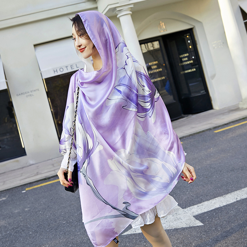 2019 new spring and autumn silk scarf long style imitation silk scarf shawl sunscreen beach towel long towel printing