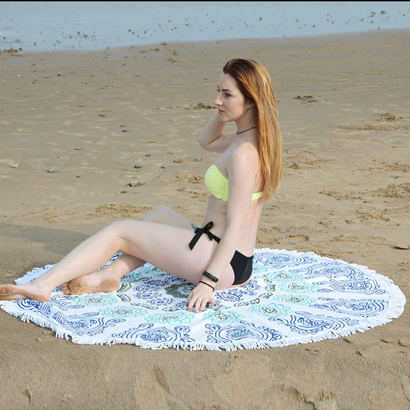 printed round beach towel with tassel mircofiber beach towel absorbent towel.