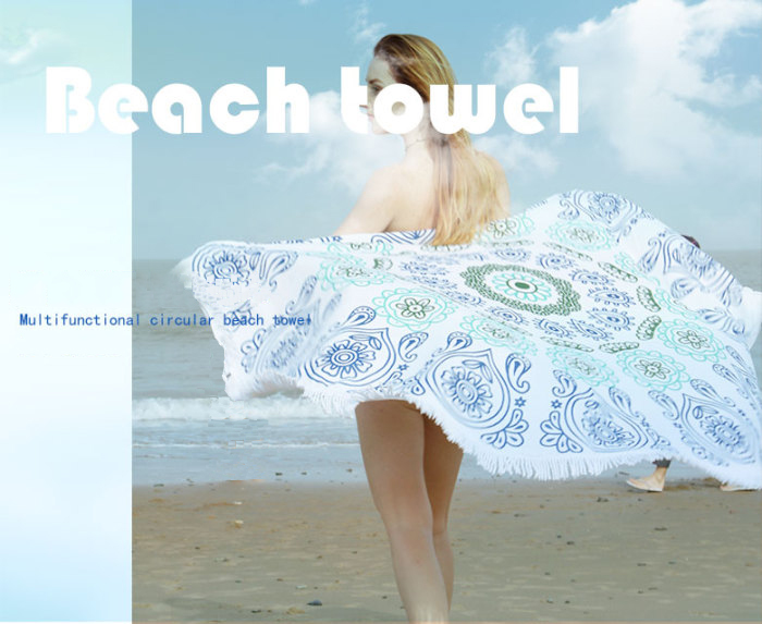 printed round beach towel with tassel mircofiber beach towel absorbent towel.