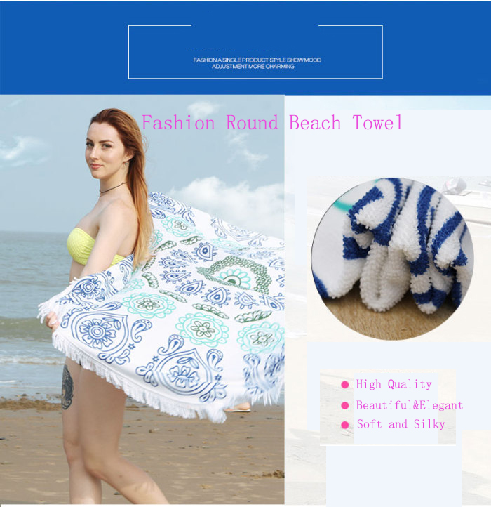 printed round beach towel with tassel mircofiber beach towel absorbent towel.
