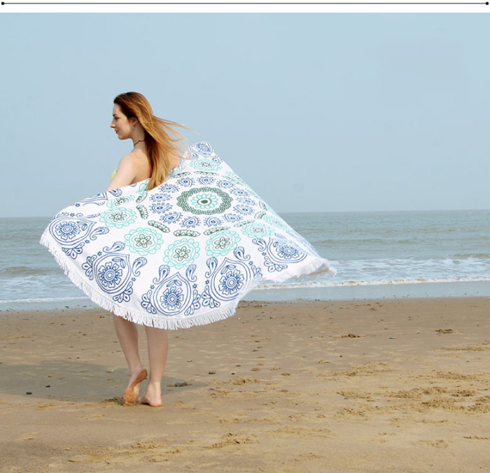 printed round beach towel with tassel mircofiber beach towel absorbent towel.