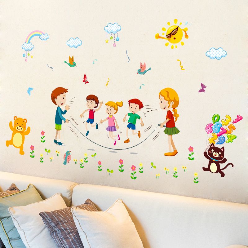 New Xl7195 Children&#039;s Cartoon Happy Skipping Rope Bedroom Living Room Kindergarten Classroom Removable PVC Wall Stickers