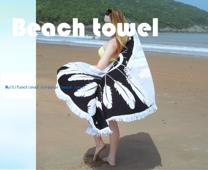 Summer Round Beach Towel Feather Printing Black Microfiber Blanket Women Shawl with Tassel