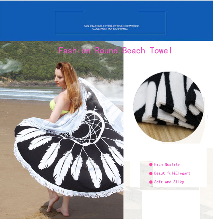 Summer Round Beach Towel Feather Printing Black Microfiber Blanket Women Shawl with Tassel