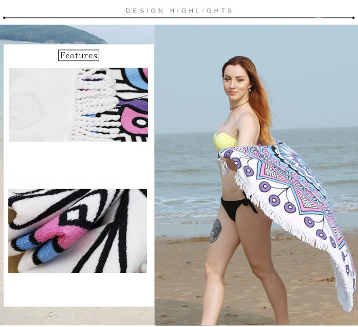 Round Beach Towel Microfiber Beach Blanket Yoga Mat Women Shawl with Fringe Tassel
