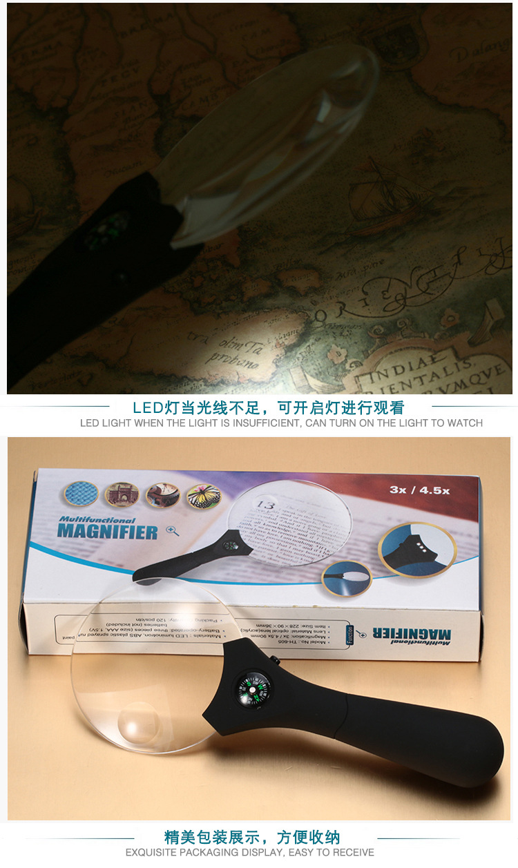 TH607 popular handheld magnifying glass with compass outdoor multi-function LED light reading magnifying glass. TH607 popular handheld magnifying glass with compass outdoor multi-function LED light reading magnifying glass.
