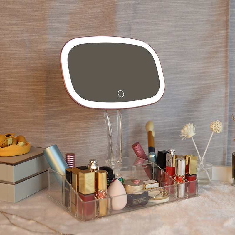 Cosmetics Storage Box Desktop with LED Mirror Skin Care Products Lipstick Box Subnet Red Dressing Mirror with Storage Box Storage Box