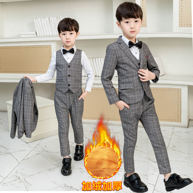 Children&#039;s Small Suit Suit Fleece-Lined Thickened Boy Host Speech Dress Boy Wedding Flower Girl New Year Clothes
