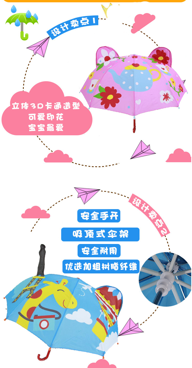2018 New Children's Umbrella Creative 3D Cartoon Long Handle 8 Bones Self-Opening Umbrella Sunny Umbrella Cross-Border Factory Wholesale