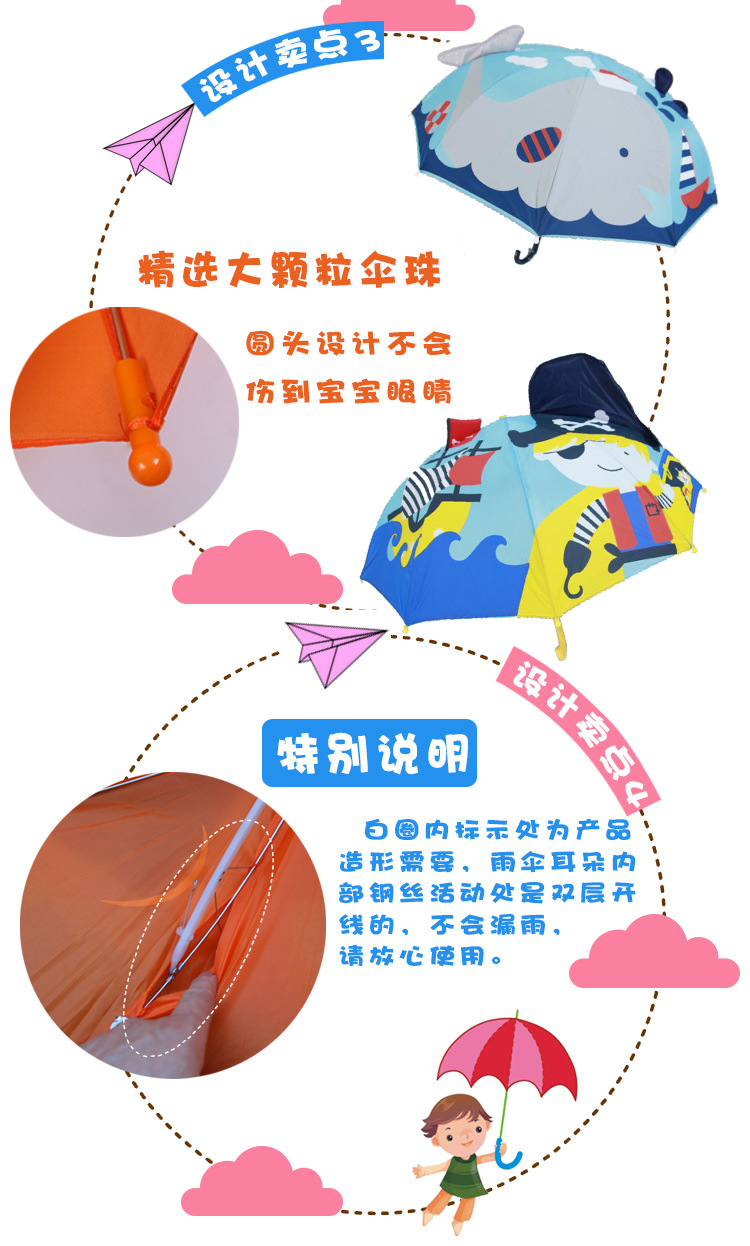2018 New Children's Umbrella Creative 3D Cartoon Long Handle 8 Bones Self-Opening Umbrella Sunny Umbrella Cross-Border Factory Wholesale