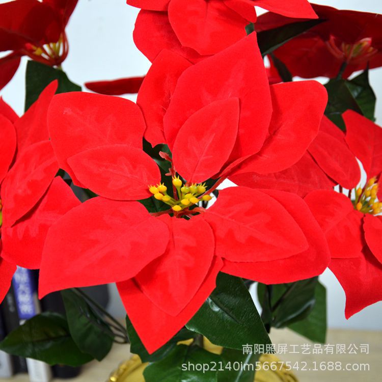 Long-Term Wholesale Christmas Fake Flower Poinsettia Christmas Flower Five Heads Seven Heads Poinsettia Artificial Silk Flower Artificial Flowers