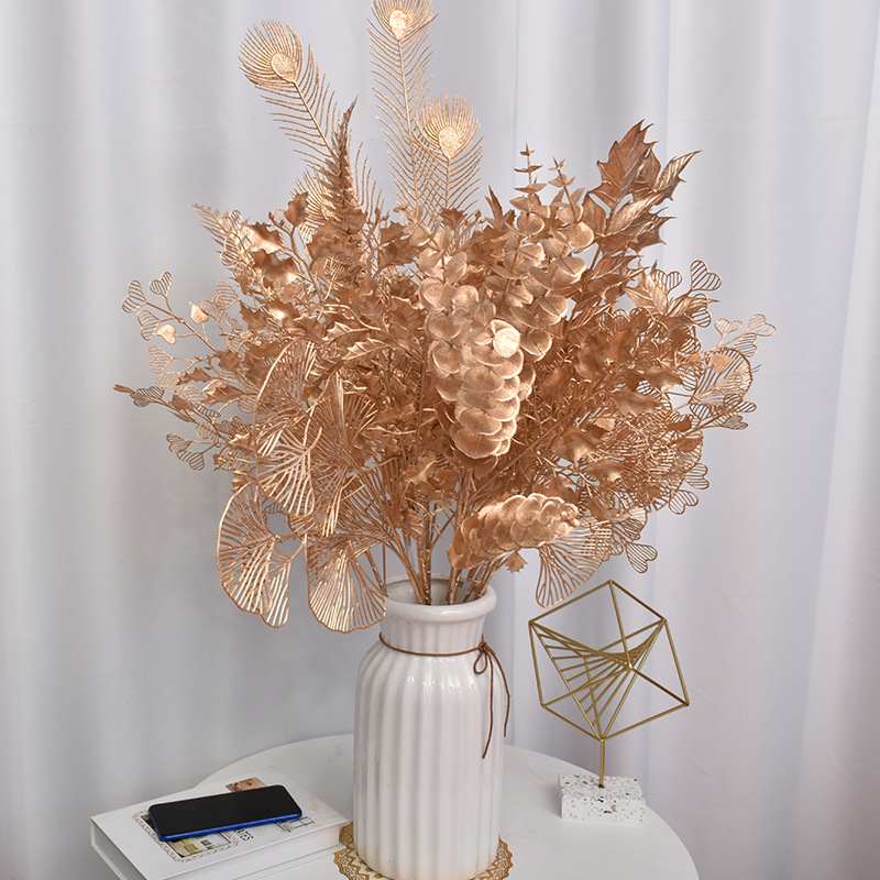 Golden Fake Flower Christmas Flower Golden Eucalyptus Ginkgo Leaf Simulation Golden Plastic Flowers Persian Leaf Wedding Simulation Flower