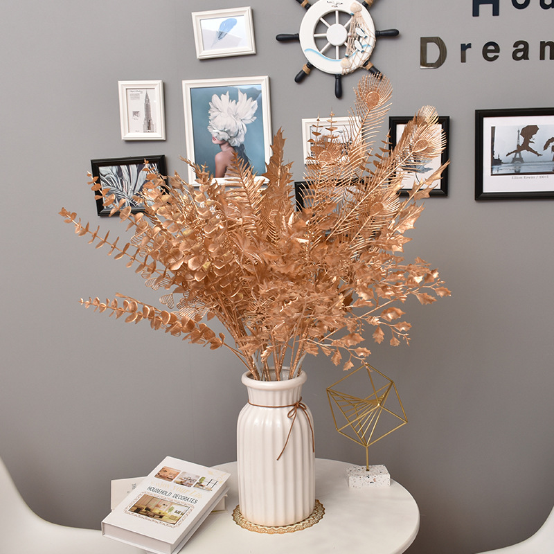 Golden Fake Flower Christmas Flower Golden Eucalyptus Ginkgo Leaf Simulation Golden Plastic Flowers Persian Leaf Wedding Simulation Flower