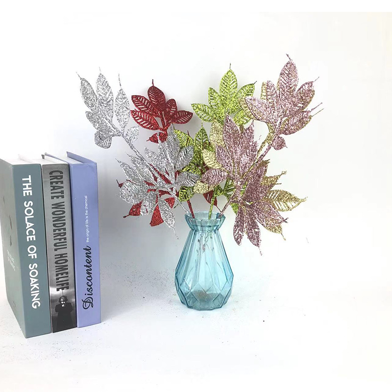 Plastic Flowers Artificial Flower Gold Powder Leaf Magic Color Series Christmas Flower Holiday Party Living Room Decoration Flower Branch Decorative Leaves