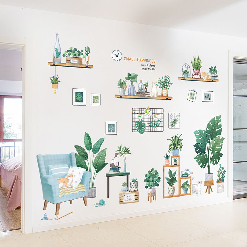 Fresh Plant Wall Stickers Ins Glass Wall Sticker Bedroom Living Room Bedroom Decoration TV Background Wallpaper Self-Adhesive
