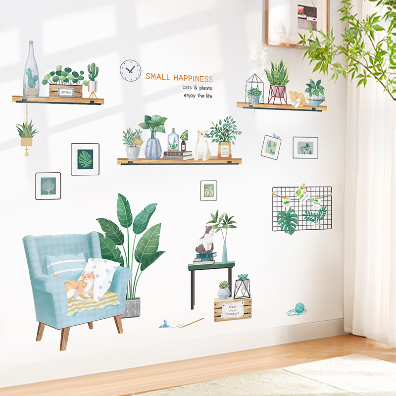 Fresh Plant Wall Stickers Ins Glass Wall Sticker Bedroom Living Room Bedroom Decoration TV Background Wallpaper Self-Adhesive