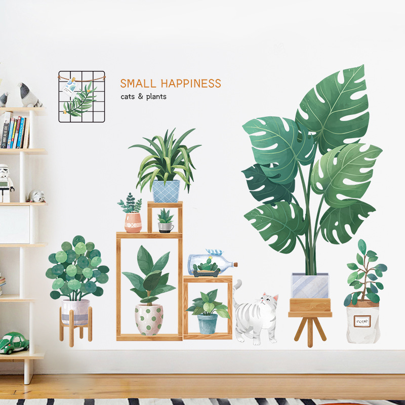 Fresh Plant Wall Stickers Ins Glass Wall Sticker Bedroom Living Room Bedroom Decoration TV Background Wallpaper Self-Adhesive