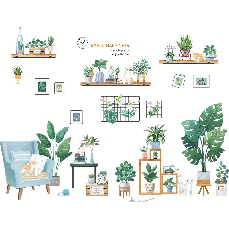 Fresh Plant Wall Stickers Ins Glass Wall Sticker Bedroom Living Room Bedroom Decoration TV Background Wallpaper Self-Adhesive