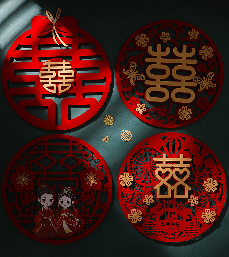 Wedding All Products Internet Celebrity Chinese Character Xi Door Sticker Door Bedside Non-Woven Sticker Decoration Wedding Room Scene Layout