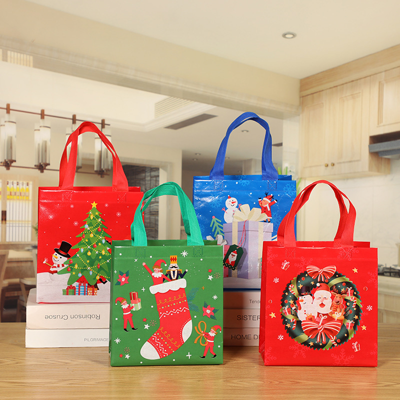 Foreign Trade Wholesale Non-Woven Small Christmas Style Printing Gift Packaging Bag Non-Woven Color Printing Three-Dimensional Handbag New