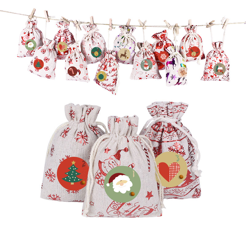 Spot Cotton and Linen Gilding Christmas Bag Gift Drawstring Set Countdown 24 Gifts Buggy Bag Wholesale