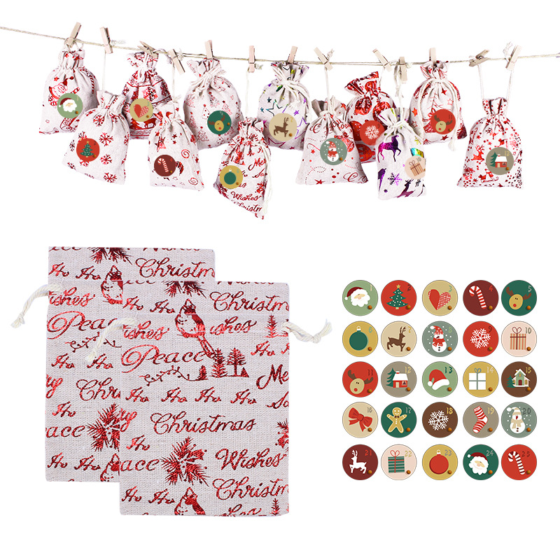 Spot Cotton and Linen Gilding Christmas Bag Gift Drawstring Set Countdown 24 Gifts Buggy Bag Wholesale