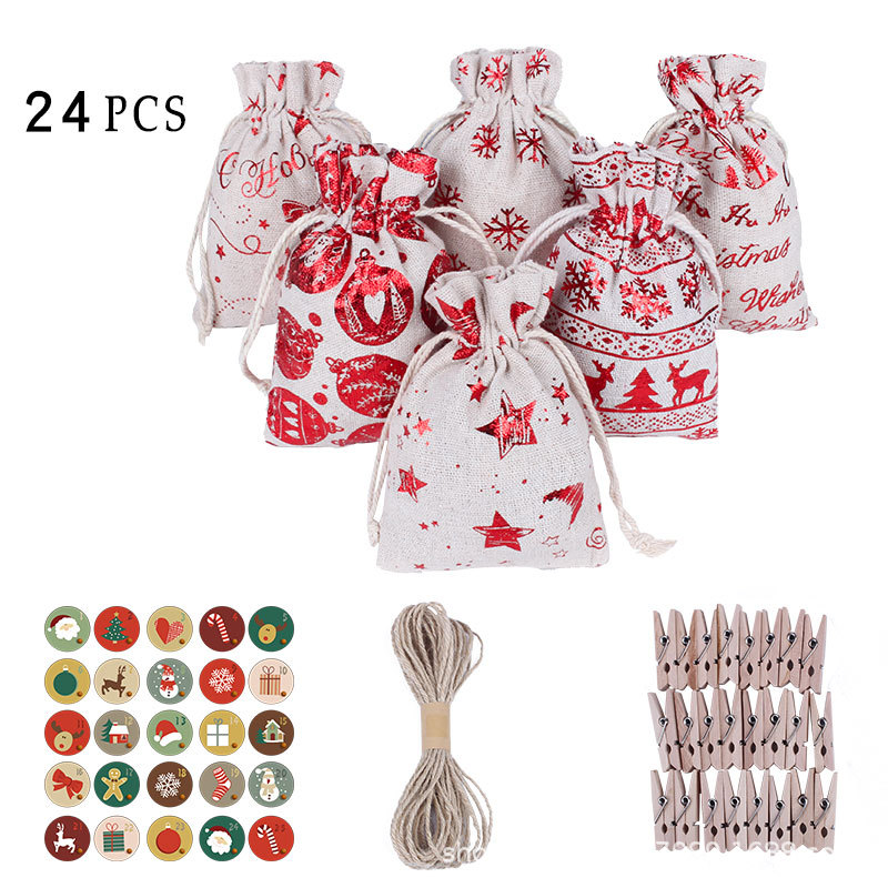 Spot Cotton and Linen Gilding Christmas Bag Gift Drawstring Set Countdown 24 Gifts Buggy Bag Wholesale