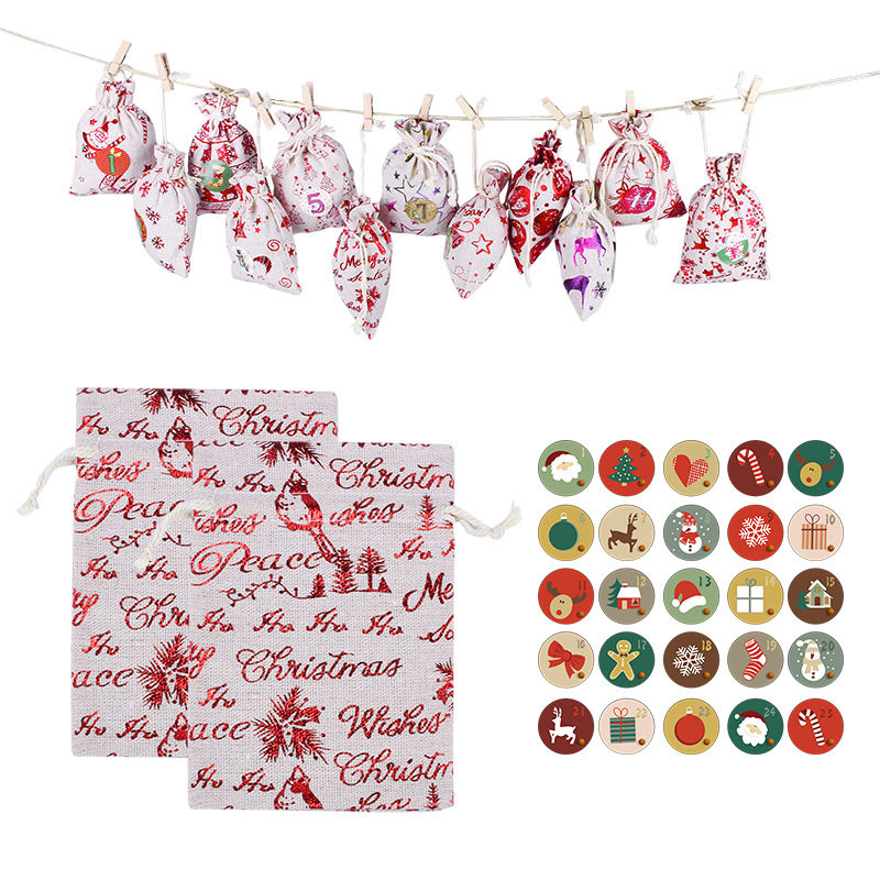 Spot Cotton and Linen Gilding Christmas Bag Gift Drawstring Set Countdown 24 Gifts Buggy Bag Wholesale