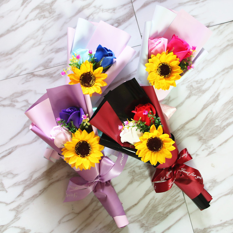 Factory Wholesale Creative Single Rose Sunflower Hand Holding Soap Bouquet Birthday Gift Christmas Graduation Season Activity