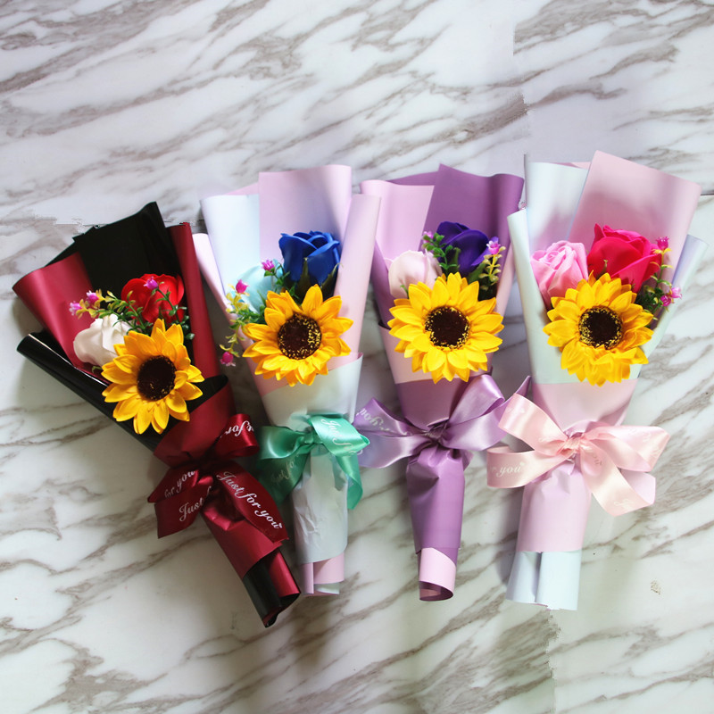 Factory Wholesale Creative Single Rose Sunflower Hand Holding Soap Bouquet Birthday Gift Christmas Graduation Season Activity