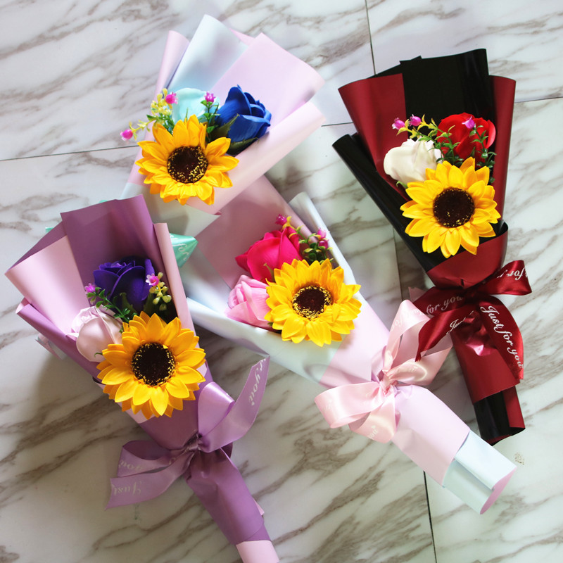 Factory Wholesale Creative Single Rose Sunflower Hand Holding Soap Bouquet Birthday Gift Christmas Graduation Season Activity