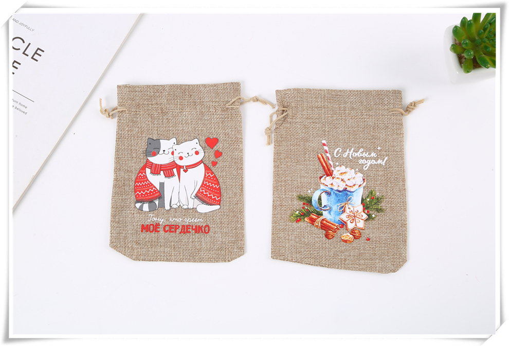 Factory Direct Sales Colorful Printing Pattern Decoration Drawstring Pull String Candy Small Gift Packaging Bag Christmas Gift Bag