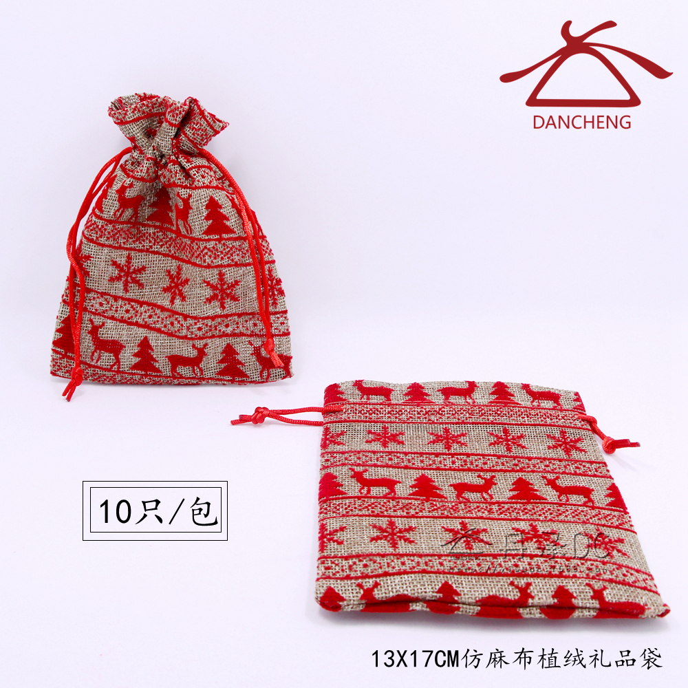 Christmas gift bag imitation linen flocking deer gift bag Christmas tree gift wrapping receiving bag