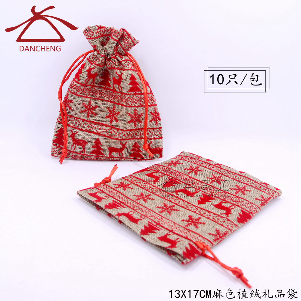 Christmas gift bag imitation linen flocking deer gift bag Christmas tree gift wrapping receiving bag
