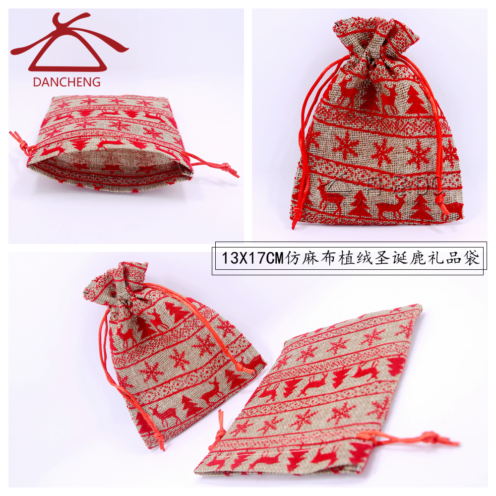 Christmas gift bag imitation linen flocking deer gift bag Christmas tree gift wrapping receiving bag