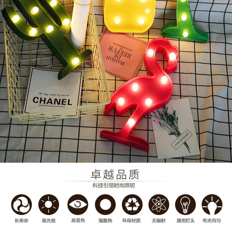 Factory Direct Sales New Ins Flamingo Unicorn Coconut Tree Five-Pointed Star Modeling Lamp Christmas Room Decorative Lights