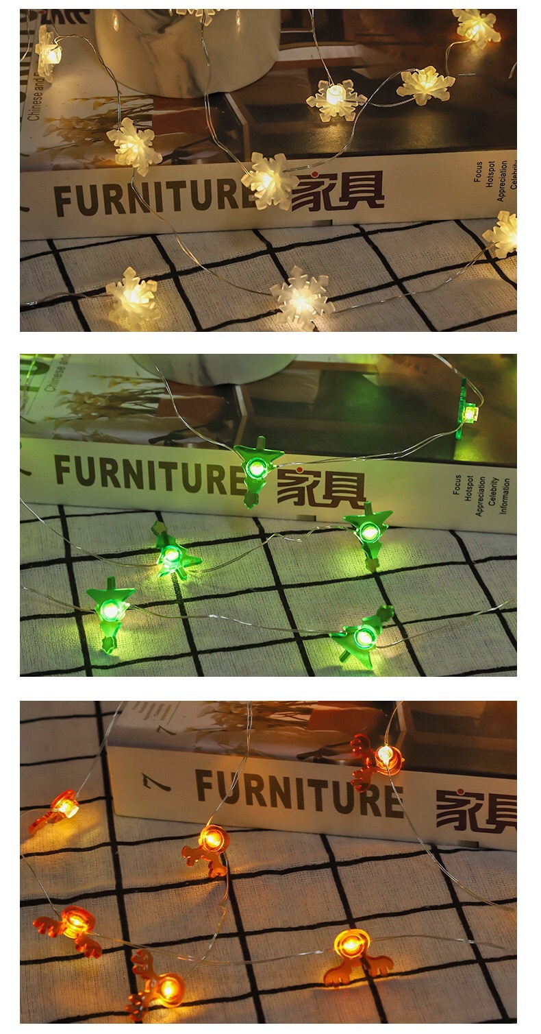 Christmas Decoration Deer Snowman Five-Pointed Star Snowflake Small Crutches Christmas Tree Small Gift Box Fasteners Copper Wire Lighting Chain Colored Lights