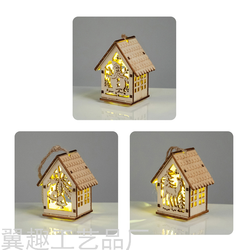 Christmas Crafts Luminous Cabin with Lights Colorful Wooden Small House Christmas Tree Decoration Pendant Wholesale
