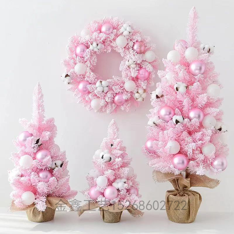 Mini Pink Christmas Tree Snow-Spraying Desktop Christmas Decoration Falling Snow Flocking Christmas Tree Bonsai