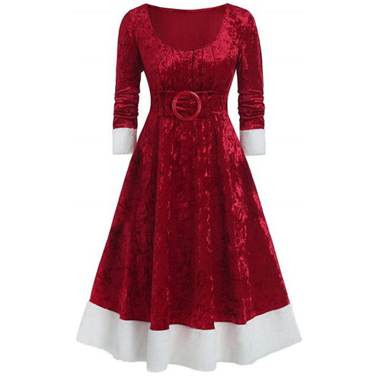 European and American New Autumn and Winter Stitching Contrast Color Tight Waist Pleuche Dress Christmas Style Dress for Women